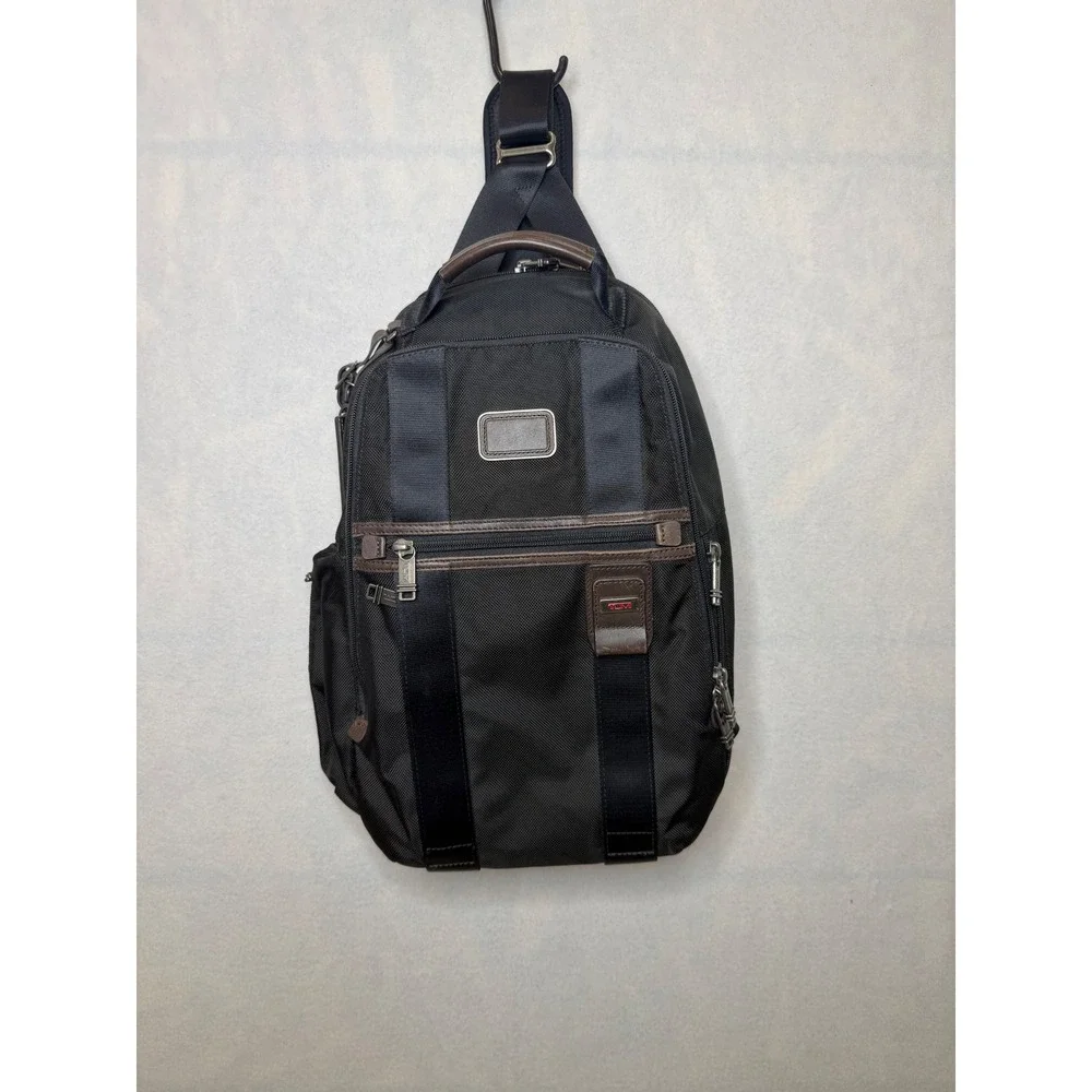 Tumi Alpha Bravo Sling Backpack Black Ballistic Nylon Brown‎ Leather Trim Travel